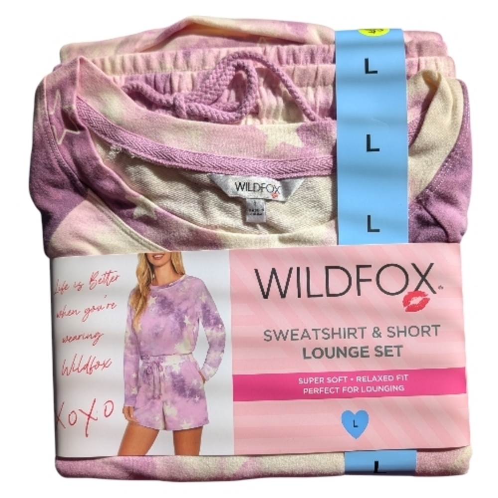 WILDFOX WOMEN'S TIE-DYE STARS SWEATSHIRT AND SHORT LOUNGE SET SIZE L